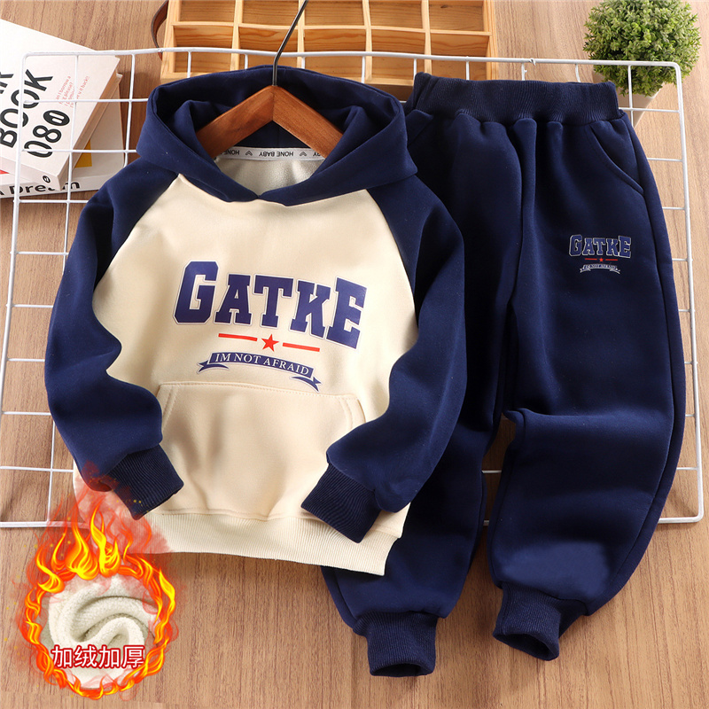 Winter Clothing Activity - ชุดเด็กหนาสำหรับฤดูหนาว ชุดกำมะหยี่อุ่นสบายมีฮู้ด เสื้อผ้าเด็กผู้ชายและเด็กผู้หญิง เสื้อสวมหัว+กางเกง 2 ชิ้น