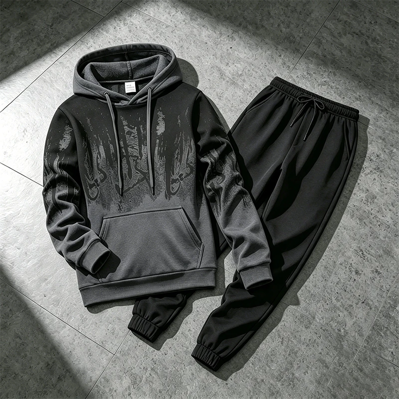 Winter Clothing For Men - ชุดฮู้ดดี้ผู้ชายสำหรับฤดูใบไม้ร่วงและฤดูหนาว เสื้อสเวตเชิ้ตลายหมึกสำหรับกิจกรรมกลางแจ้ง กีฬา วิ่งจ๊อกกิ้ง เสื้อผ้าสตรีทแฟชั่น เสื้อและกางเกงแยกชิ้น
