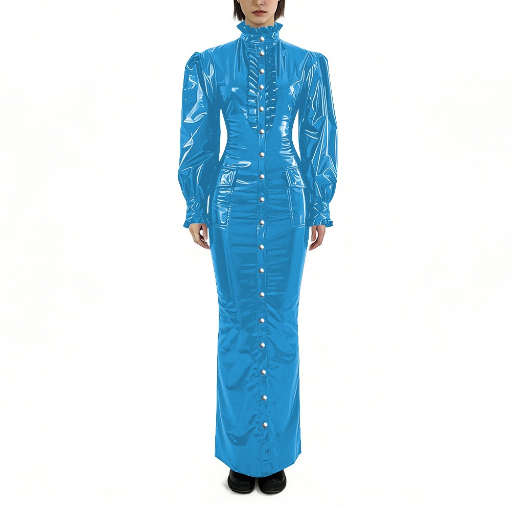 Winter Clothing For Plus Size Women - ชุดเดรสยาวทรงดินสอ PVC เงา ไซส์ใหญ่ เสื้อผ้าผู้หญิง แขนยาวพอง