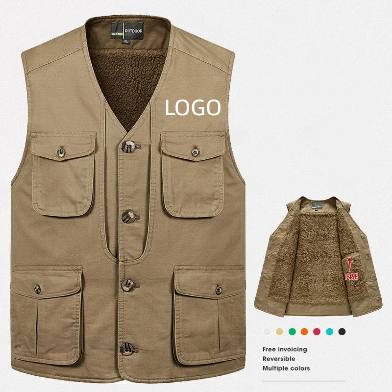 Winter Clothing Logos - เสื้อกั๊กขนแกะหนานุ่มและอุ่นสบาย มีกระเป๋าหลายช่อง เสื้อกั๊กผ้าฝ้ายแท้สำหรับผู้ชาย เสื้อผ้าทำงานกลางแจ้ง เสื้อผ้าสำหรับกลุ่ม พิมพ์โลโก้ได้