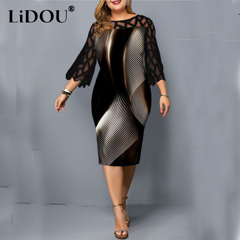 Winter Clothing For Plus Size Women - ฤดูใบไม้ร่วงฤดูหนาวแฟชั่นเซ็กซี่ออกแบบ Plus ขนาดสะโพกผู้หญิงพิมพ์ลูกไม้ Hollow Out ชุดเดรสบอดี้คอนขนาดใหญ่