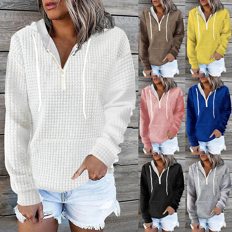 Winter Clothing For Plus Size Women - เสื้อผ้าผู้หญิงขนาดบวกHoodiesสบายๆสวมใส่ผู้หญิงซิปHoodedกระเป๋าสีทึบวาฟเฟิลตารางHoodiesแขนยาว