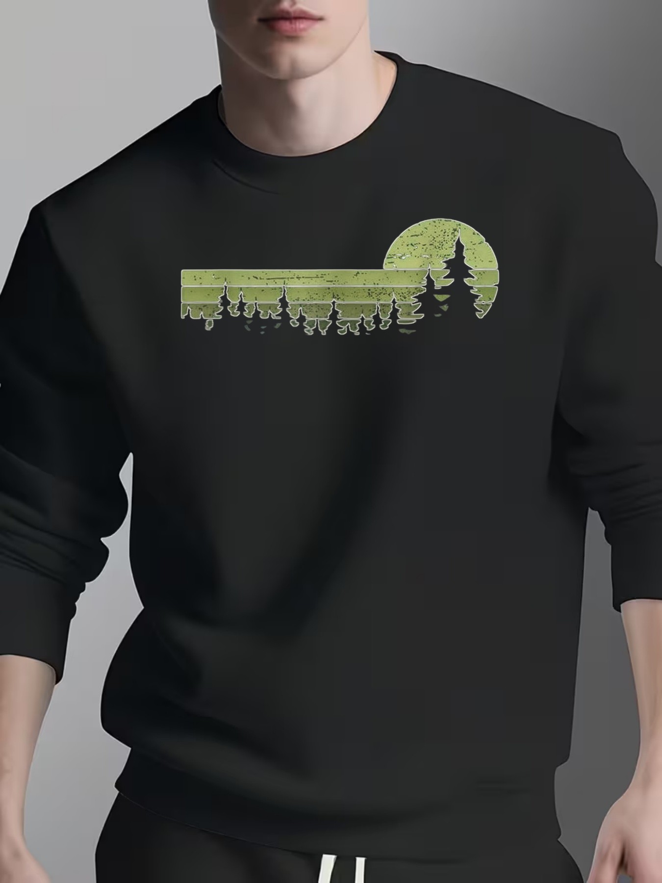 Winter Clothing Activity - เสื้อสเวตเตอร์คอกลมแขนยาวลายต้นไม้แสงจันทร์สไตล์เรโทรสำหรับผู้ชาย เนื้อผ้านุ่ม ใส่สบาย เหมาะสำหรับกิจกรรมกลางแจ้ง เสื้อผ้าลำลอง ซักเครื่องได้