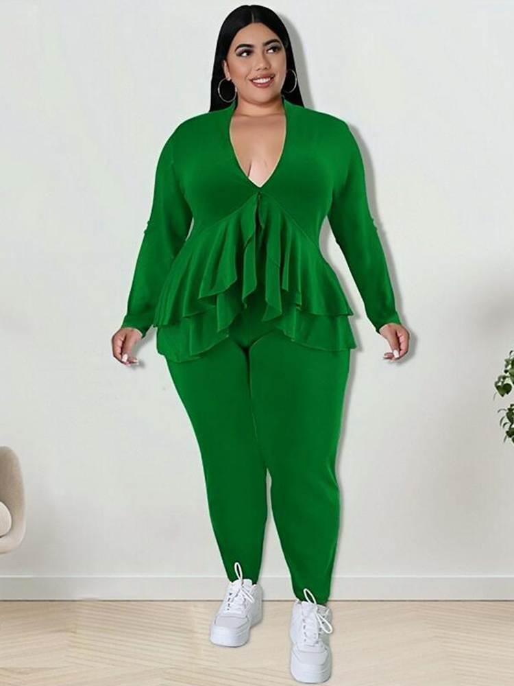 Winter Clothing For Plus Size Women - Plus ขนาดเสื้อผ้าผู้หญิง Chic และกางเกงหรูชุด2ชิ้นชุดเสื้อ Ruffle Blazer