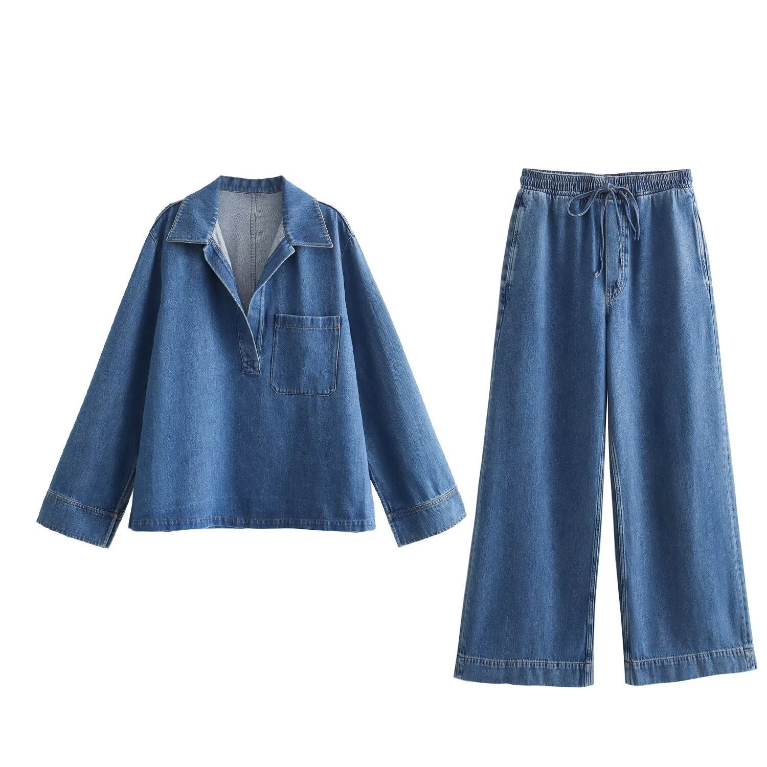 Winter Clothing Europe - ชุดเสื้อเชิ้ตยีนส์สีน้ำเงินฟอกทรงหลวมสไตล์ยุโรปและอเมริกาสำหรับผู้หญิง ประจำฤดูร้อนปี 2025