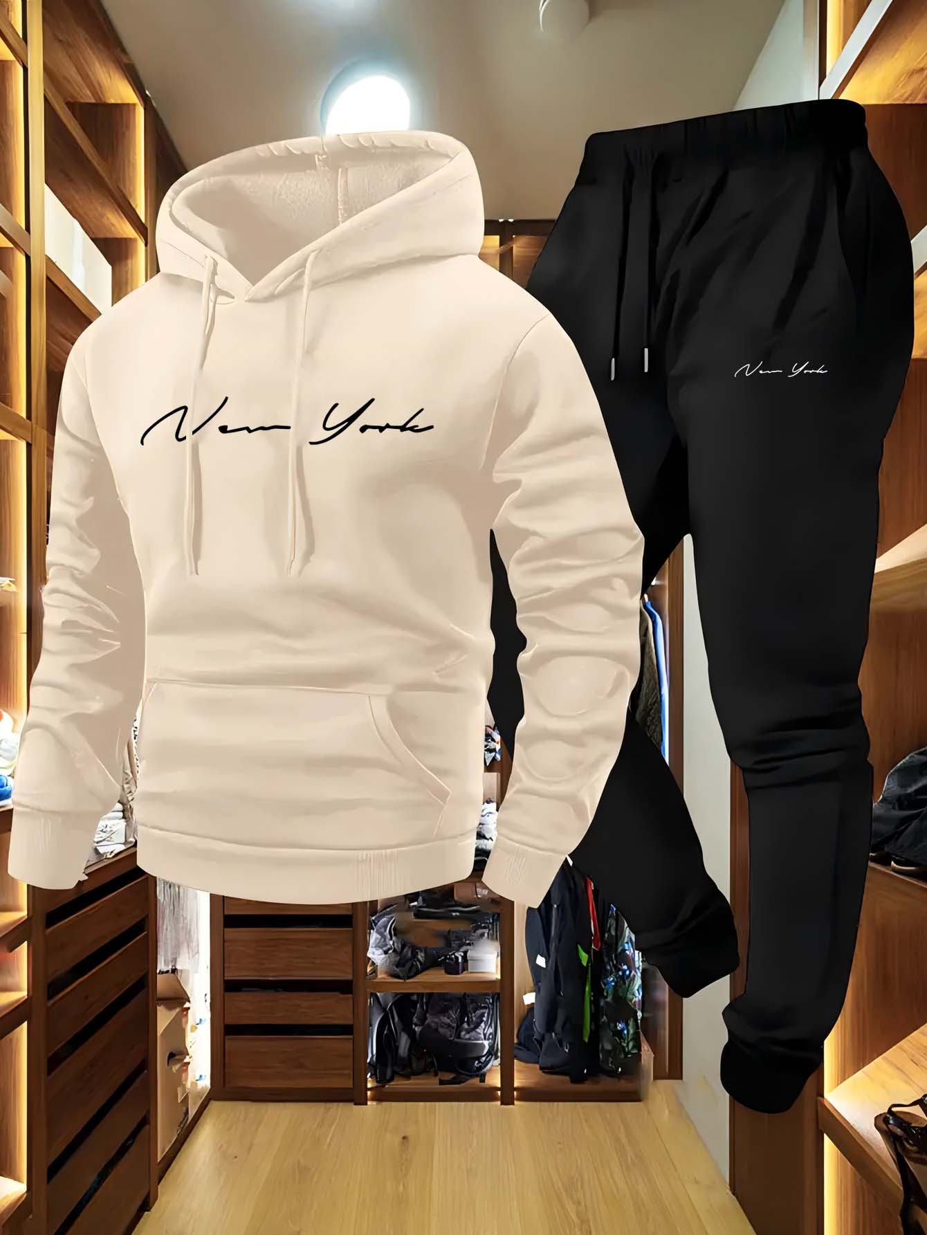 Winter Wear Clothes - ชุดเสื้อฮู้ดและกางเกงวอร์มผู้ชายธีมนิวยอร์กปี 2026 เนื้อผ้านุ่มสบาย เหมาะสำหรับทุกฤดูกาล