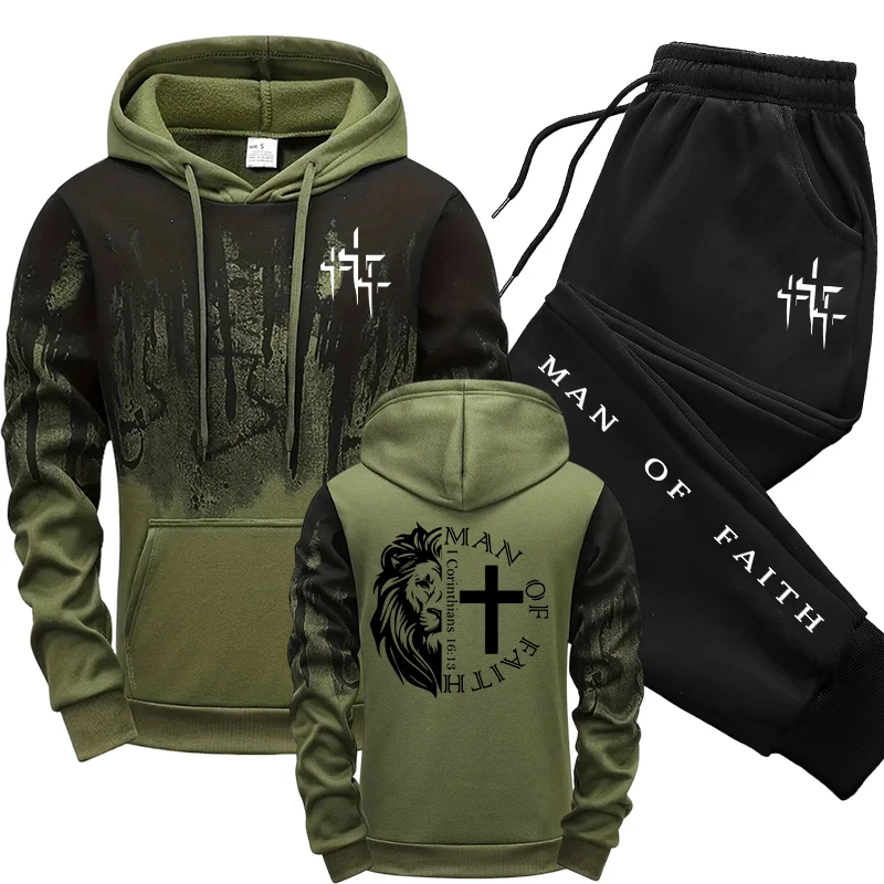 Winter Clothing For Men - ชุดเซ็ตผู้ชายลาย Man of Faith เสื้อฮู้ดและกางเกงวอร์มสีดำ สำหรับฤดูใบไม้ร่วงและฤดูหนาว